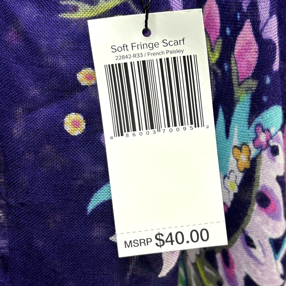 NWT Vera Bradley Purple Paisley Floral Scarf Fringe Rayon Bird Print Lightweight - Picture 4 of 17
